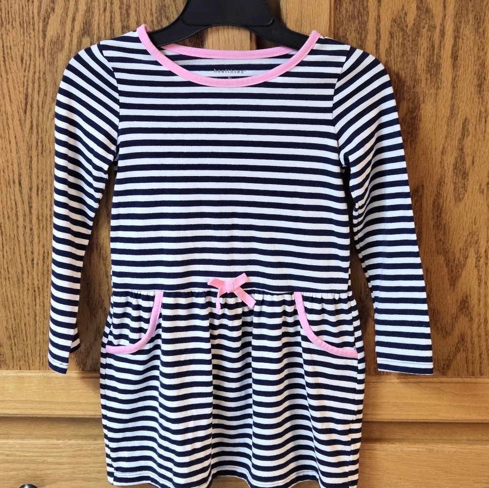 Healthtex Girls L9ng Sleeve Navy/white/pink Striped Dress Size 5T